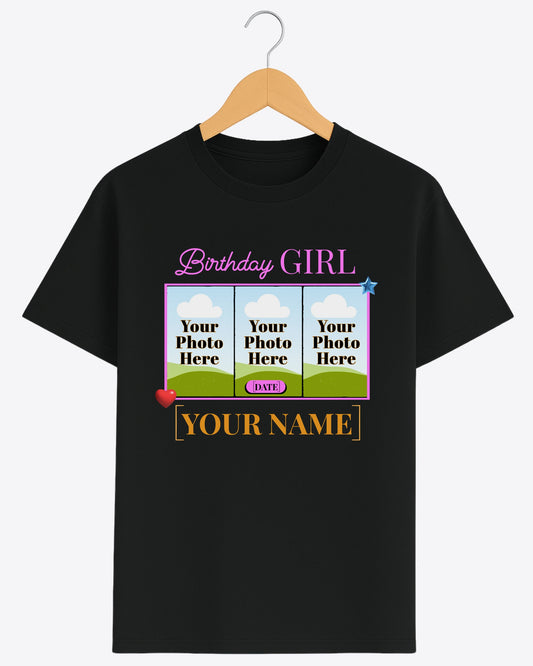 BDT008 – Birthday Girl Custom T-Shirt with 3 Photos, Name & Date | Personalized Birthday Gift