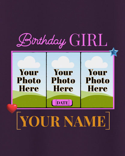 BDT008 – Birthday Girl Custom T-Shirt with 3 Photos, Name & Date | Personalized Birthday Gift