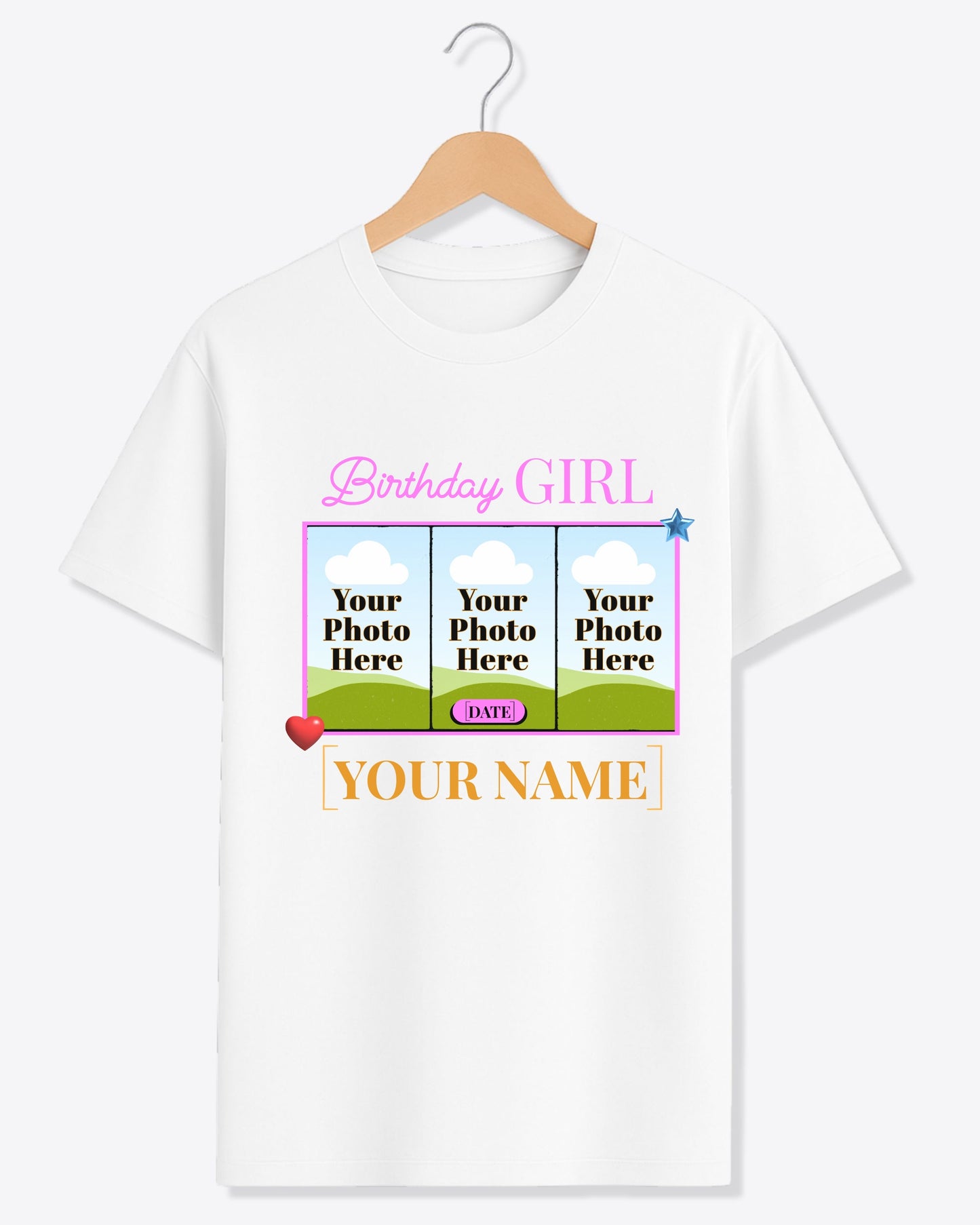BDT008 – Birthday Girl Custom T-Shirt with 3 Photos, Name & Date | Personalized Birthday Gift