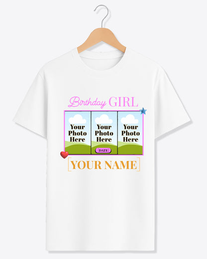 BDT008 – Birthday Girl Custom T-Shirt with 3 Photos, Name & Date | Personalized Birthday Gift