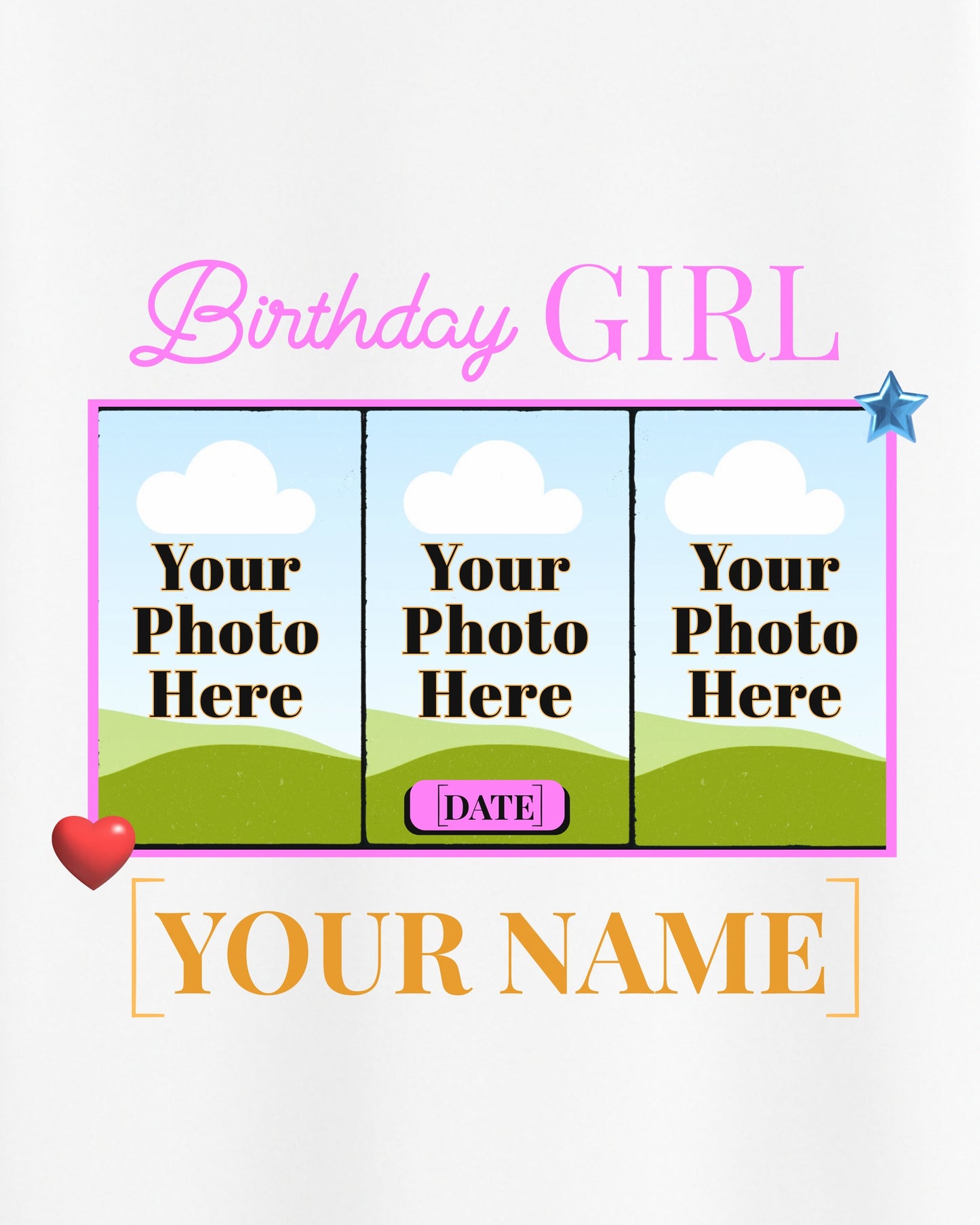 BDT008 – Birthday Girl Custom T-Shirt with 3 Photos, Name & Date | Personalized Birthday Gift