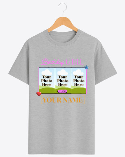 BDT008 – Birthday Girl Custom T-Shirt with 3 Photos, Name & Date | Personalized Birthday Gift