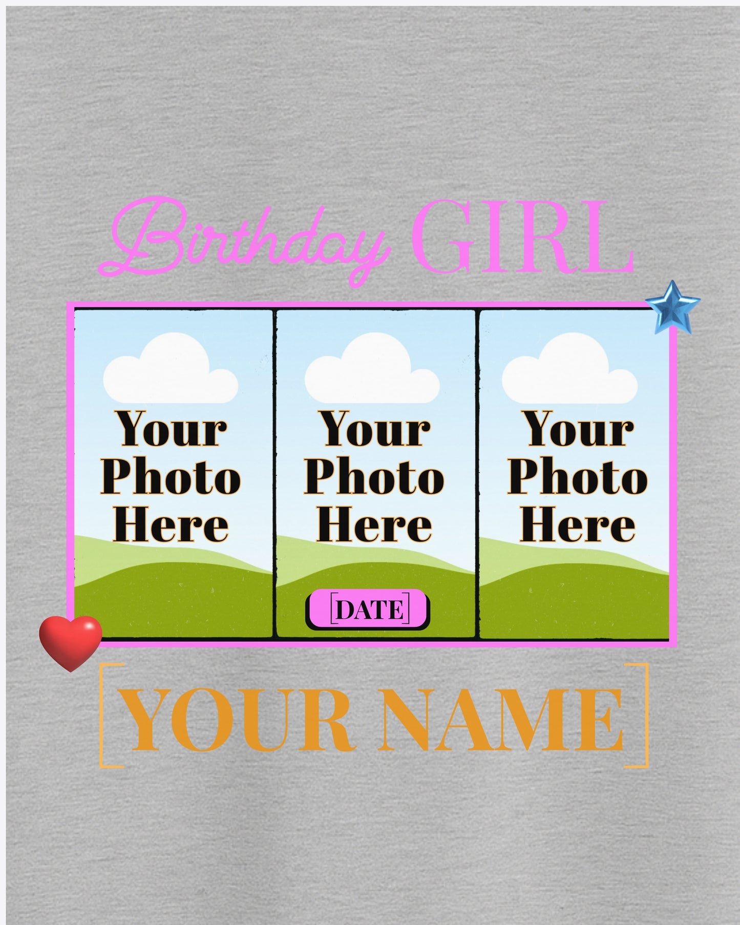 BDT008 – Birthday Girl Custom T-Shirt with 3 Photos, Name & Date | Personalized Birthday Gift