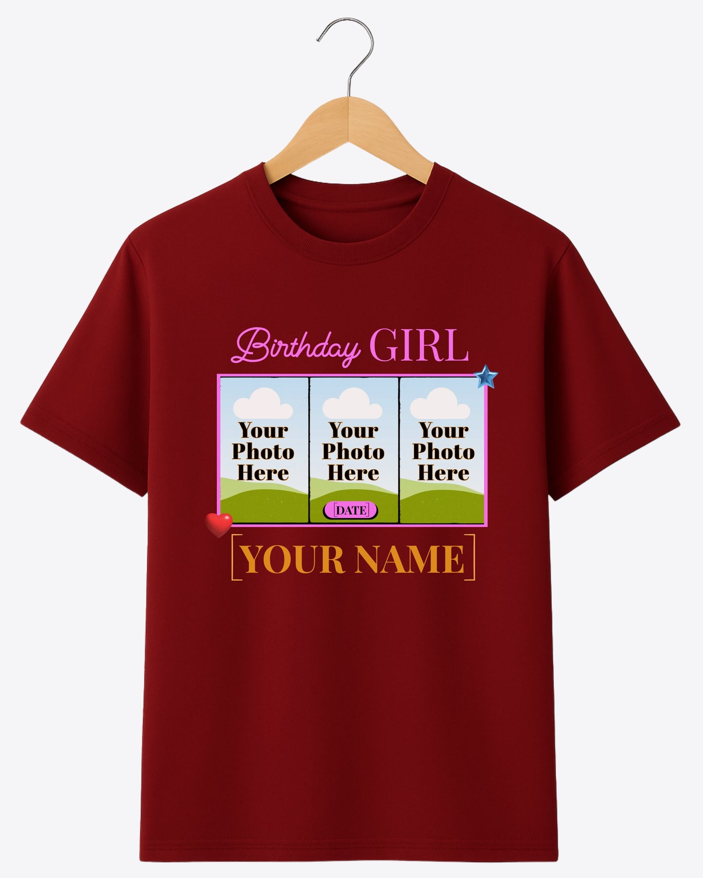 BDT008 – Birthday Girl Custom T-Shirt with 3 Photos, Name & Date | Personalized Birthday Gift