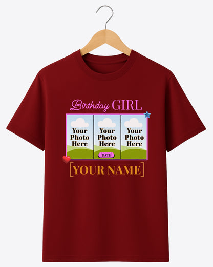 BDT008 – Birthday Girl Custom T-Shirt with 3 Photos, Name & Date | Personalized Birthday Gift