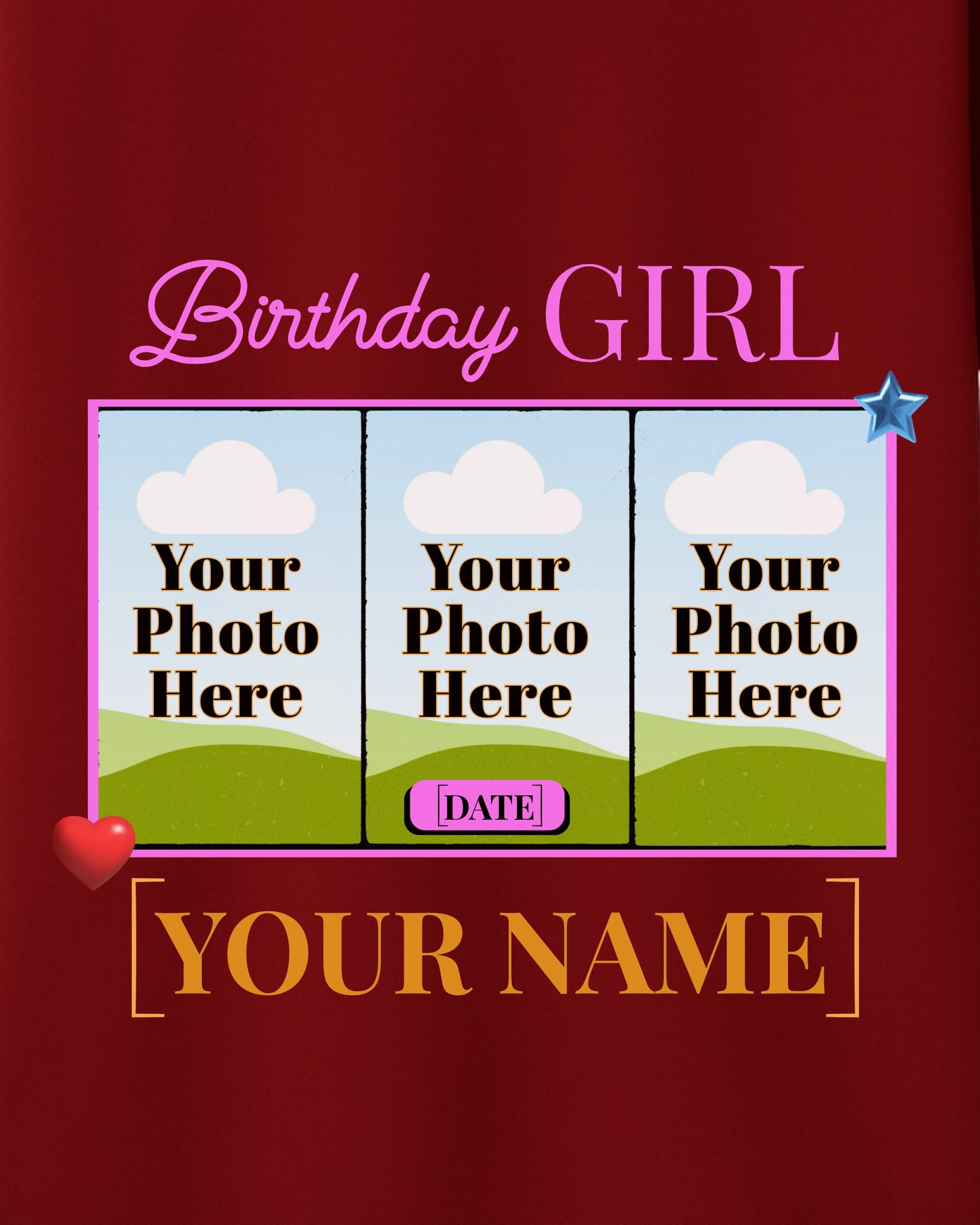 BDT008 – Birthday Girl Custom T-Shirt with 3 Photos, Name & Date | Personalized Birthday Gift