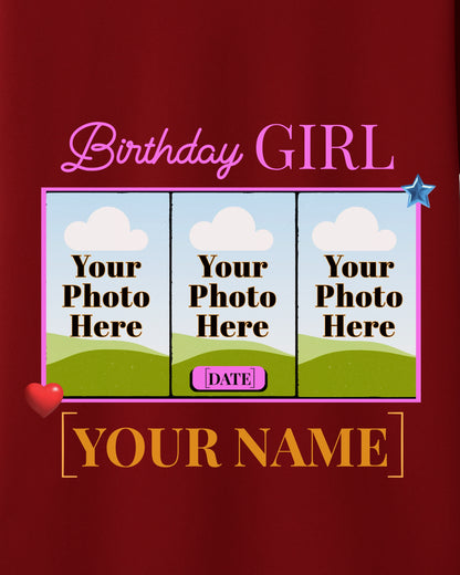 BDT008 – Birthday Girl Custom T-Shirt with 3 Photos, Name & Date | Personalized Birthday Gift