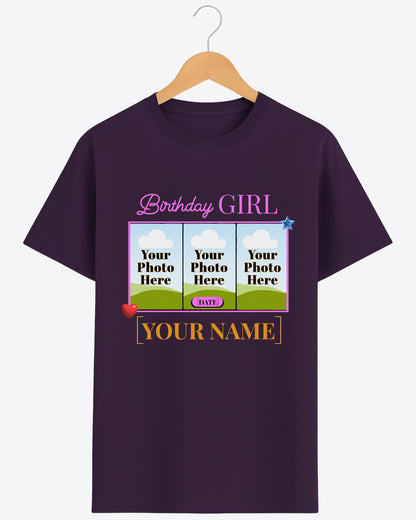 BDT008 – Birthday Girl Custom T-Shirt with 3 Photos, Name & Date | Personalized Birthday Gift